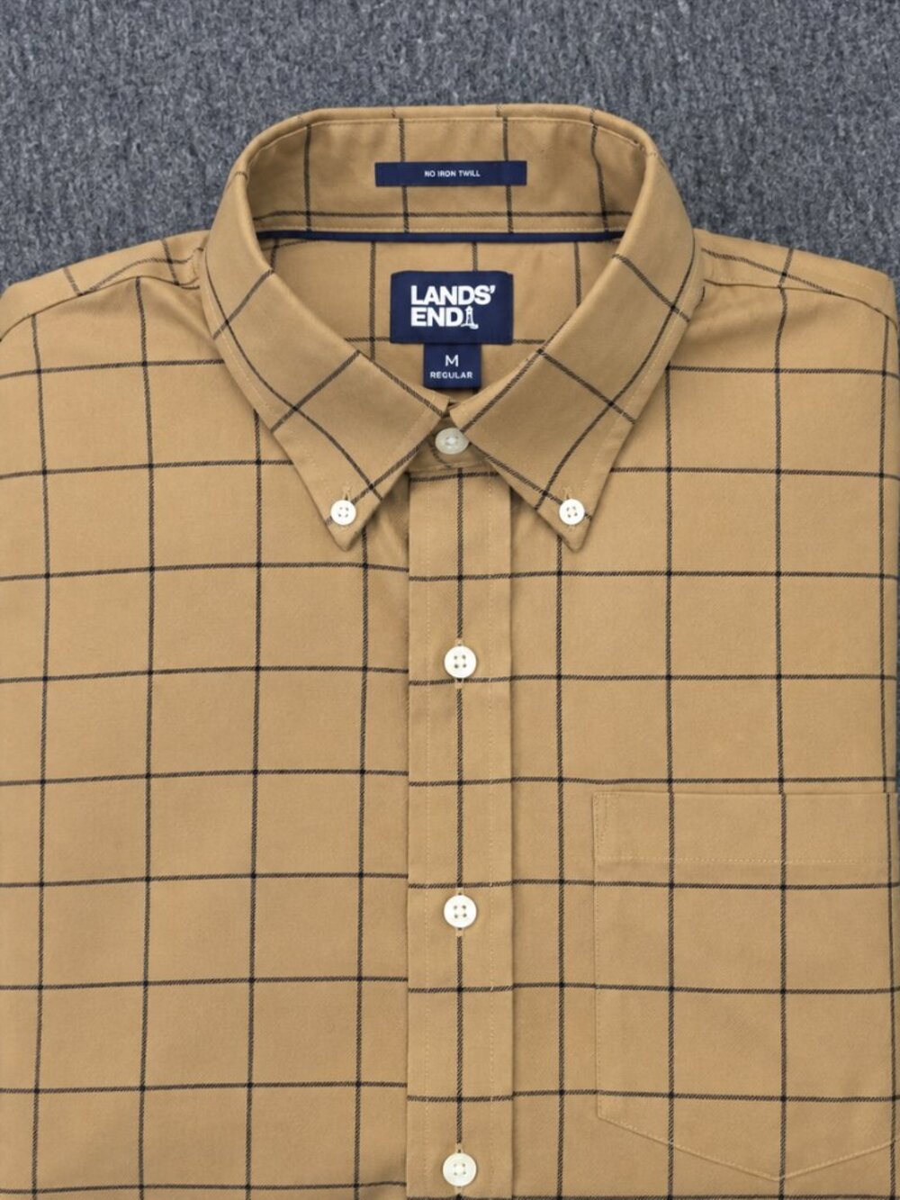 Lands' End Mens M No Iron Twill Traditional Fit Windowpane Shirt